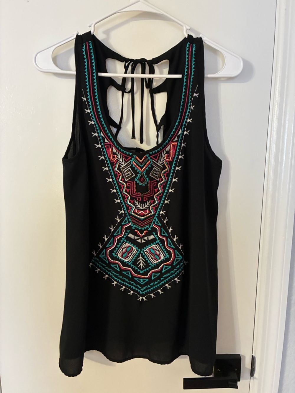 Studio Y Black Tank Top with Turquoise & Pink Embroidered/Beaded Front